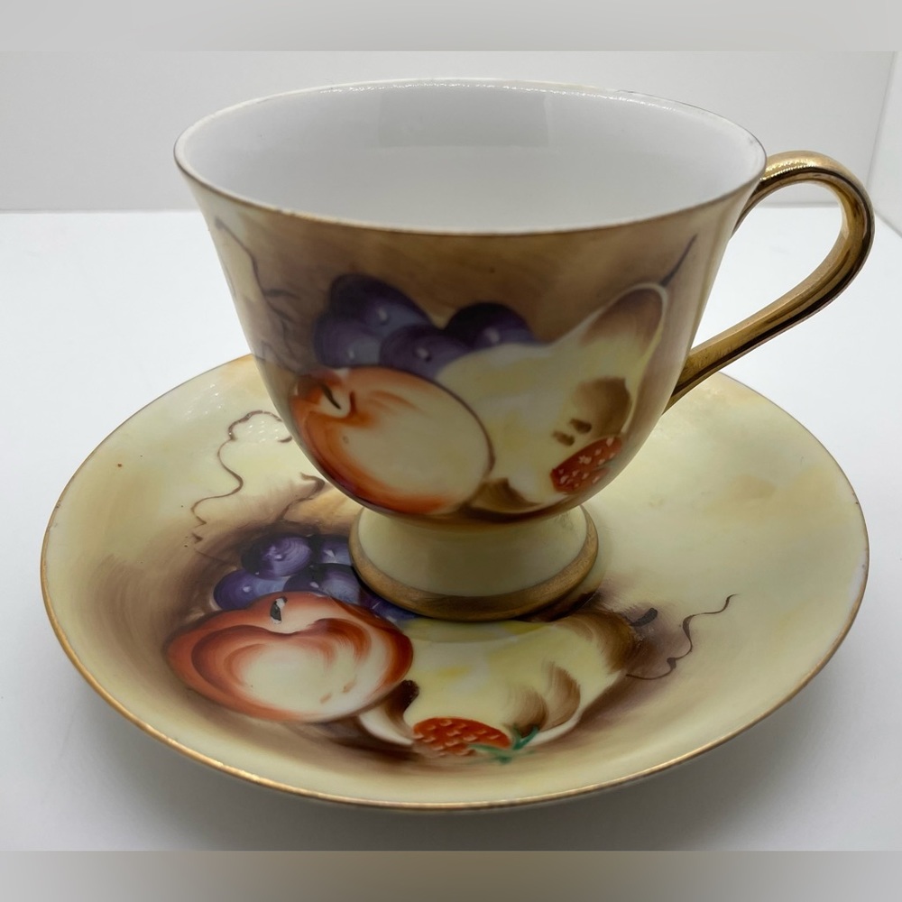 Vintage Enesco Fruit Pattern E1432 Teacup Saucer 
gold trim, hand painted, 5.5”
